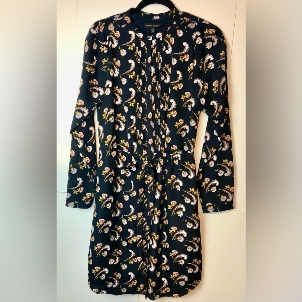 Banana Republic Button Down Dress, Navy Blue Floral/Feather print, size S